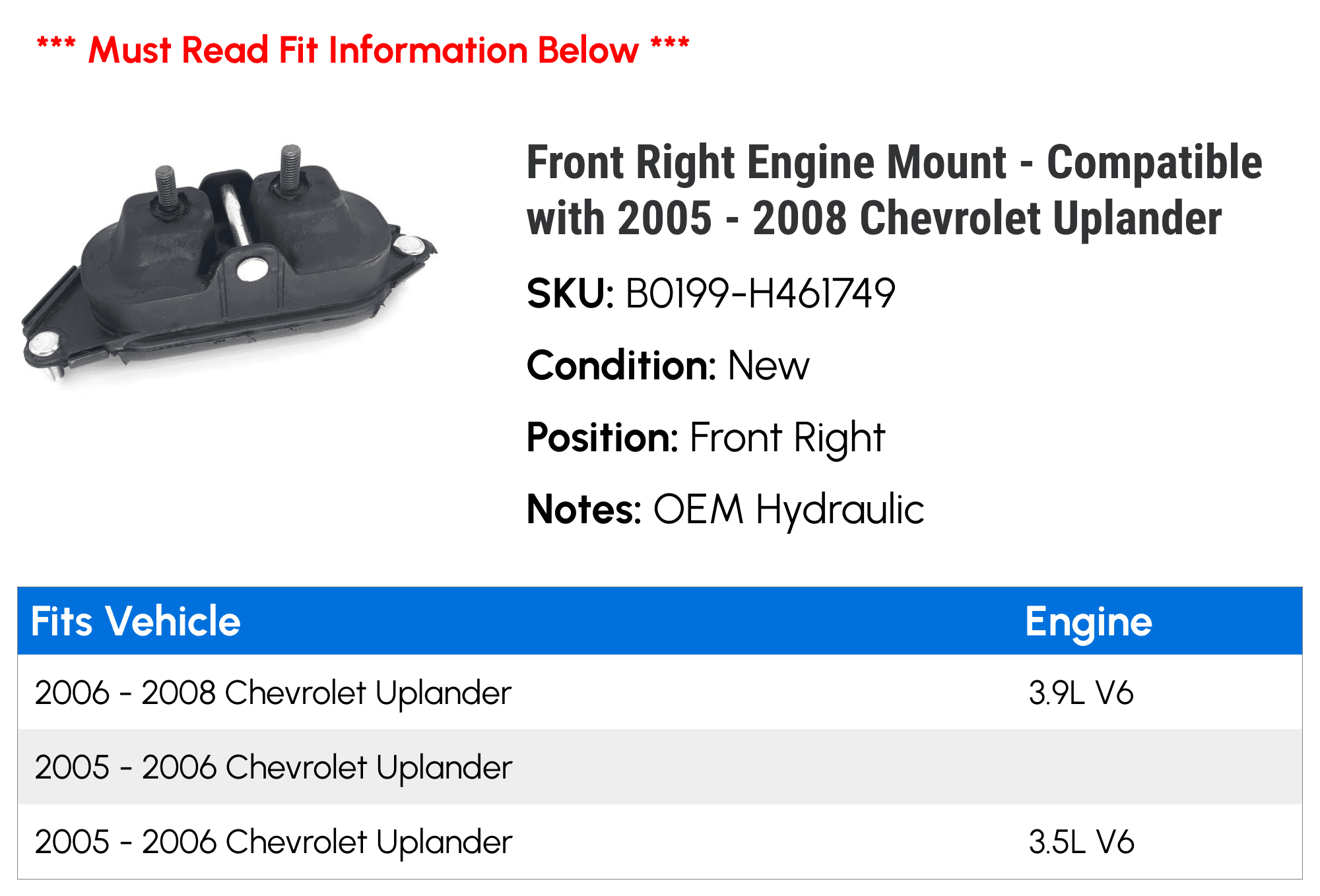 Front Right Engine Mount - Compatible with 2005 - 2008 Chevrolet Uplander - Replacement