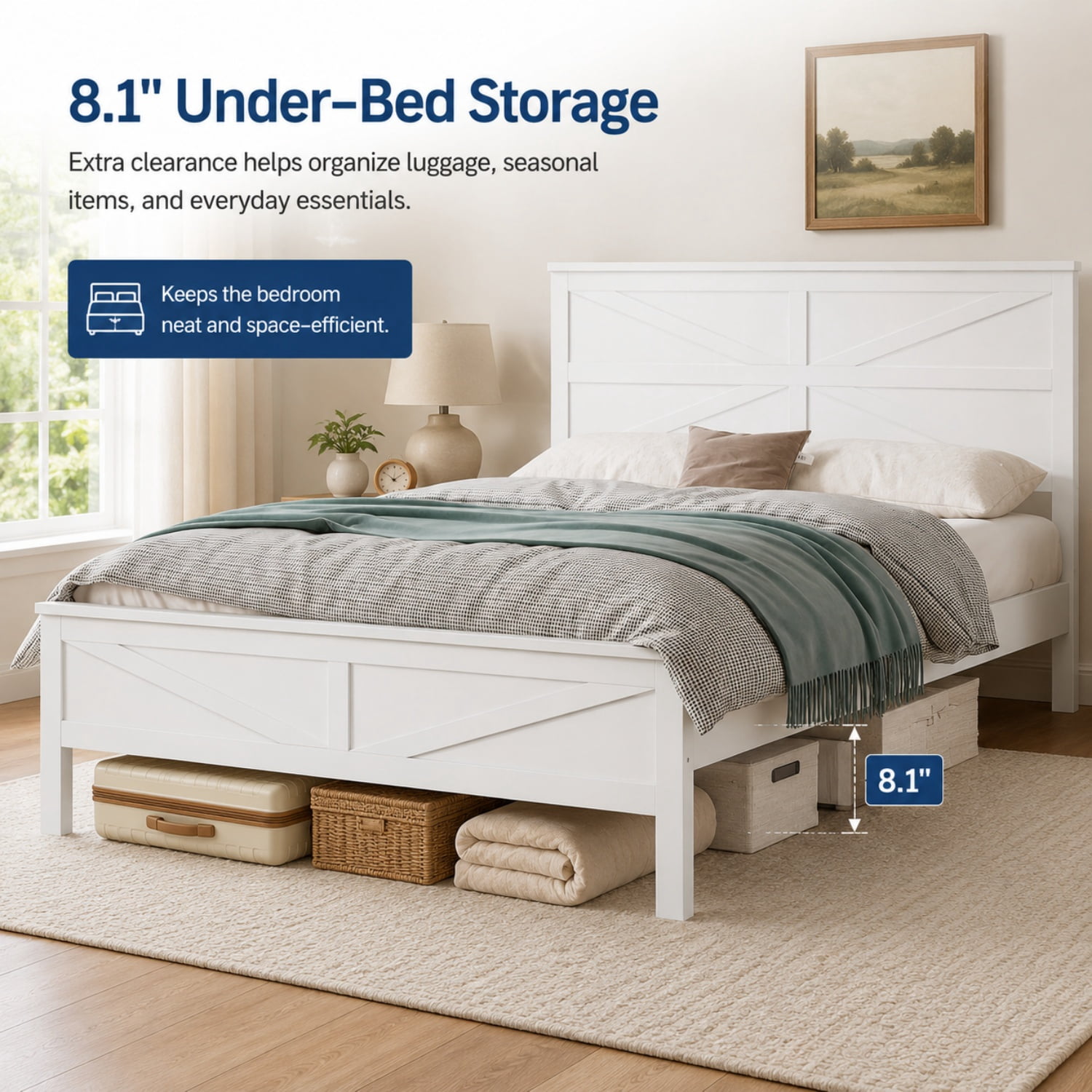 Miniyam Queen Bed with Barn Door Headboard and Footboard, Farmhouse Wood Platform Bed Frame, White