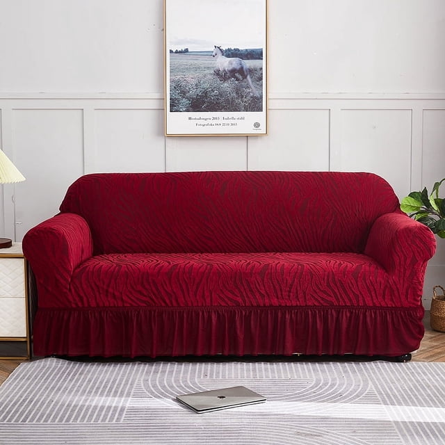 Nvzi Funda de sofá elástica para sala de estar, fácil de instalar, lavable, protector de sofá con falda, 1 pieza (rojo, 3 asientos)