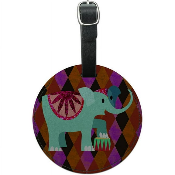 Circus Elephant Round Leather Luggage ID Tag Suitcase Carry-On
