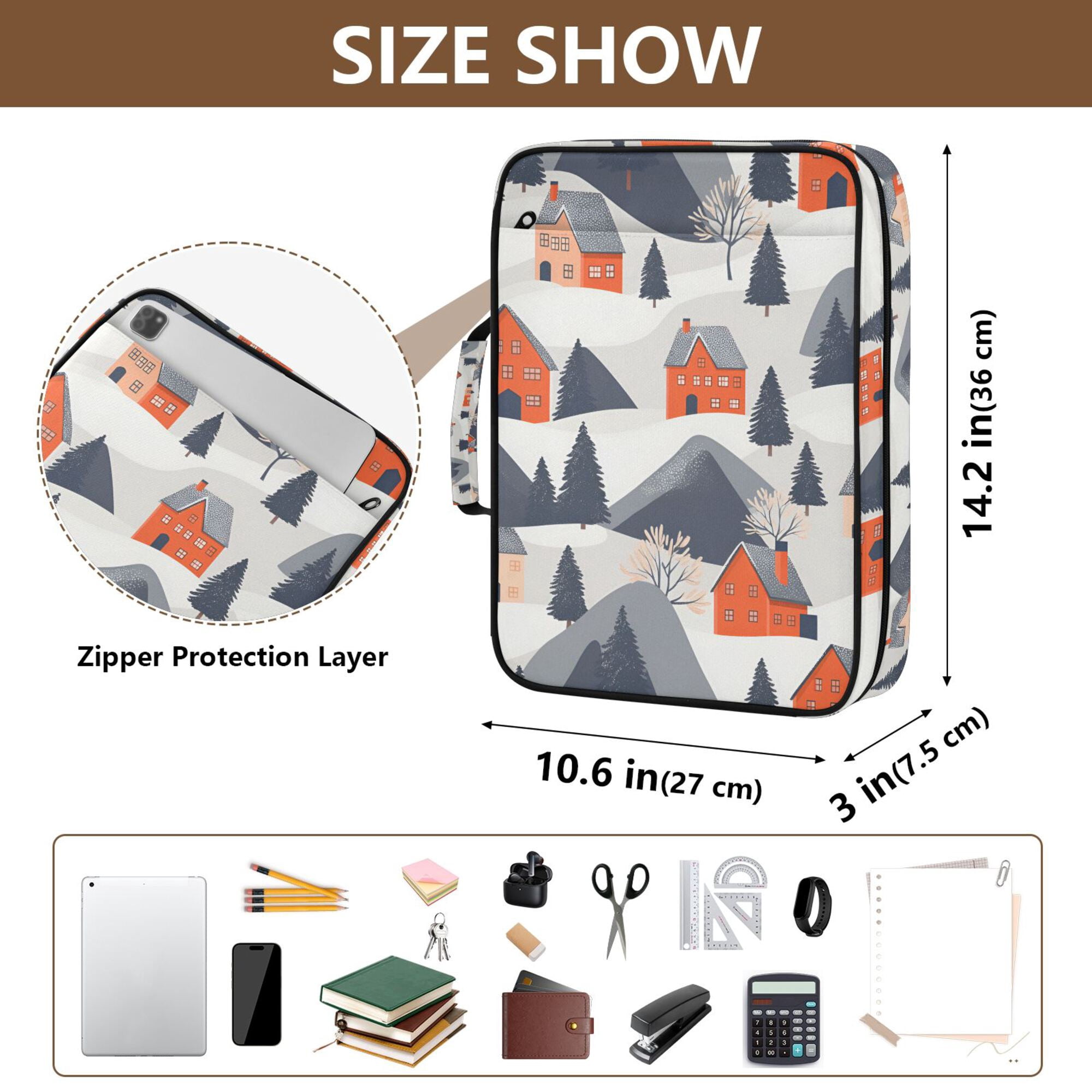 FORMRS Accordion File Folder A4 Size 7-Pocket Expanding Document Organizer Bag with 3 Ring Binder, Blue Snow Houses