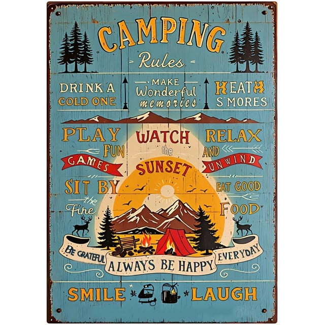 Camping Decor For Camper Camping Rules Sign Metal Tin Signs Rustic Lake Camper Door Decor For Inside Outside Funny Camping Themed for Outdoors,Yard, Man Cave,12X8 Inches,Farmhouse Campsite Decorations
