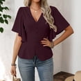 thumbnail image 5 of biudgviw Womens Tops Summer Ruffle Short Sleeve Shirts Elegant Casual V Neck Work Blouses Comfy Slim Fit T-Shirt with Buttons, 5 of 5