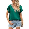 thumbnail image 2 of Women's Lace Crochet Trim V Neck Short Sleeve Shirt Colorblock Blouse Top Summer Casual Comfy Tunics Loose Fit Tshirts, 2 of 7