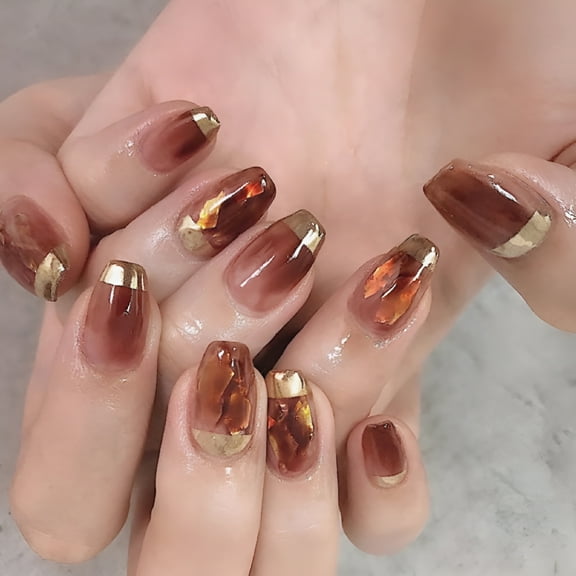 RAGUPEL Medium Coffin Acrylic False Nail, Press on Nail, Brown, Gold, 24 Pieces