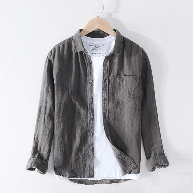 REDHOTYPE Chemises en Lin Pur pour Hommes Manches Longues Col Rabattu Basique Classique Mode Homme Couleur Unie Vêtements Rétro