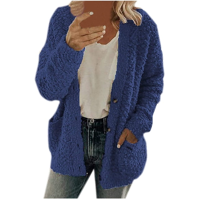 Solid Color Plush Sweater for Womens Plus Size Coat Pockets Outerwear Buttons Cardigan