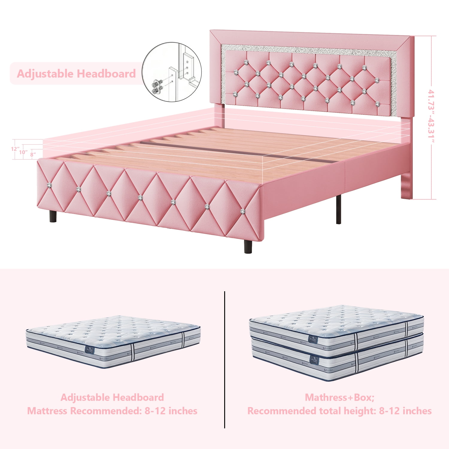 4 EVER WINNER Queen Bed Frame, Upholstered Platform Bed Frame with Headboard and Footboard, Diamond Headboard and Footboard Design, Pink