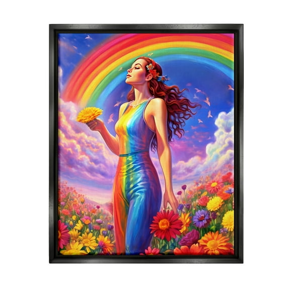 Stupell Industries Girl in Rainbow Meadow Botanical & Floral Painting Black Floater Framed Canvas Art Print Wall Art, 17 x 21