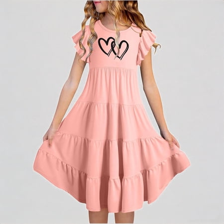 REDARER Girls Summer Heart Graphic Dress with Double-Layer Flutter Sleeves & Tiered Ruffle Skirt Flowy A-Line Casual Midi Kids Outfit 14-15 Years