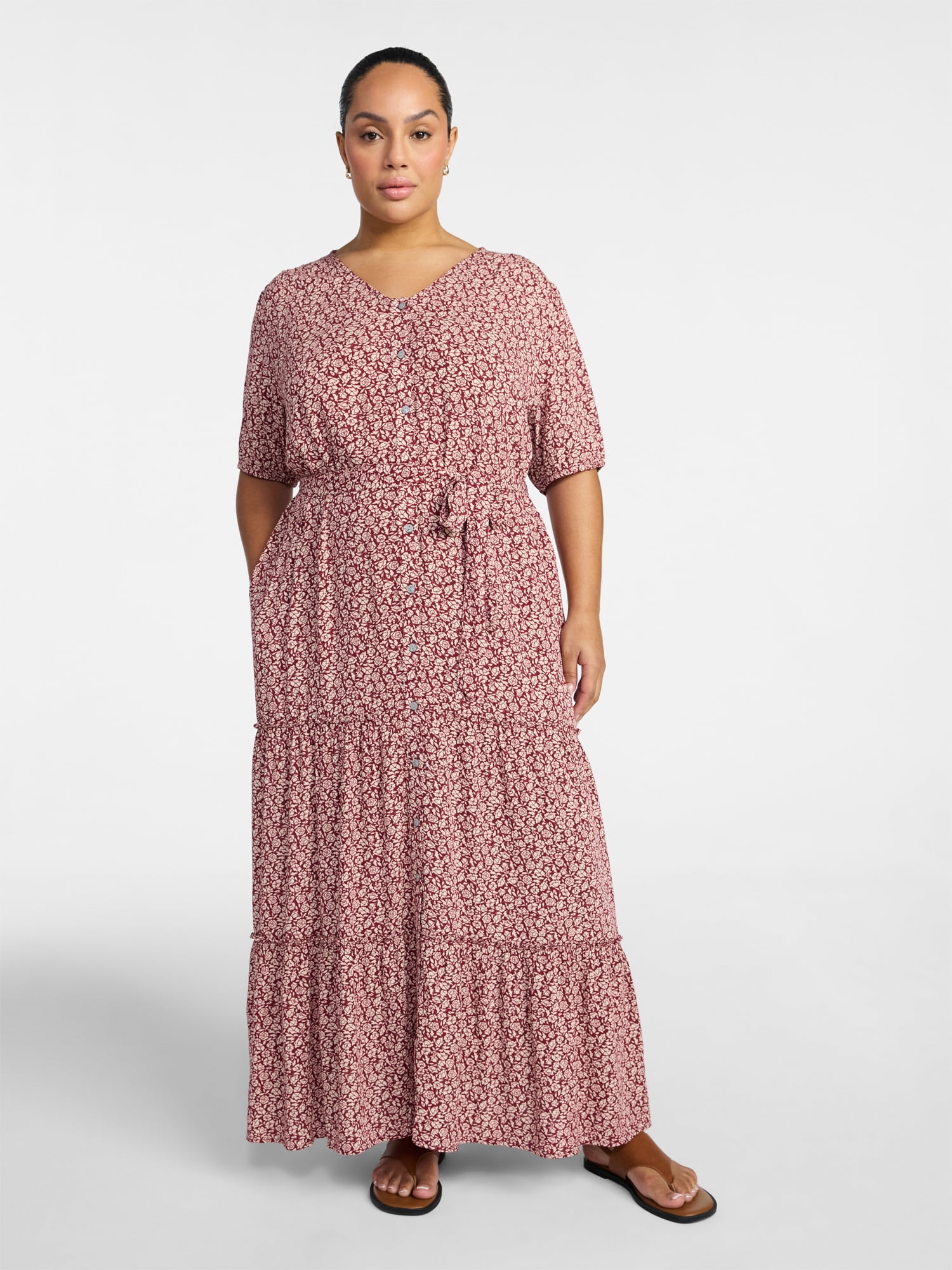 Time and Tru Women’s Crinkle Maxi Dress with Short Sleeves, Sizes XS-XXXL