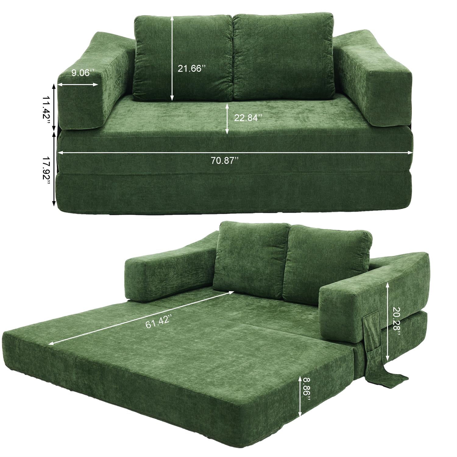 Demi Bonn 70" Modern Minimalist Convertible Sofa Bed, Fold-Out Sofa Chair, Versatile Floor Couch & Mattress for Living Room, Bedroom, Apartment, Removable Backrest, Green
