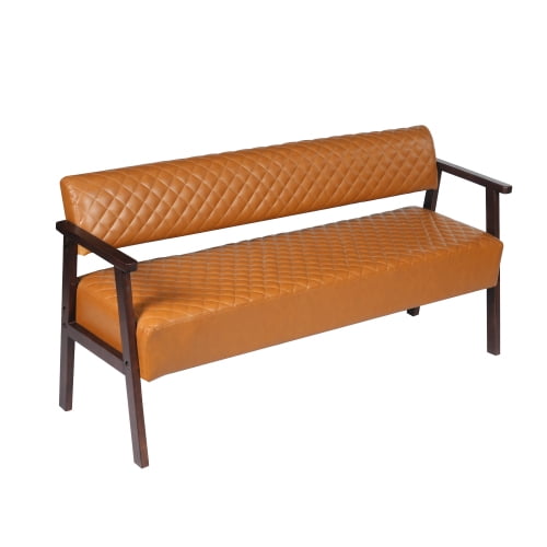 58.27" Diamond Quilted PU Faux Leather Waiting Bench with Wood Armrests, Upholstered Reception Bench for Salon Lobby Office, Dark Brown