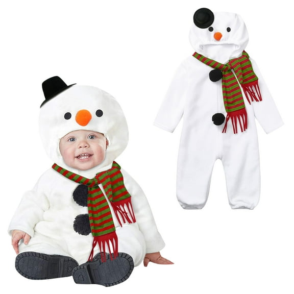 Christmas Snowman Outfit Warm Hood Snowman Jumpsuit Romper with Scarf Christmas Toddler Boy Outfit Party Dress 12-18 Months