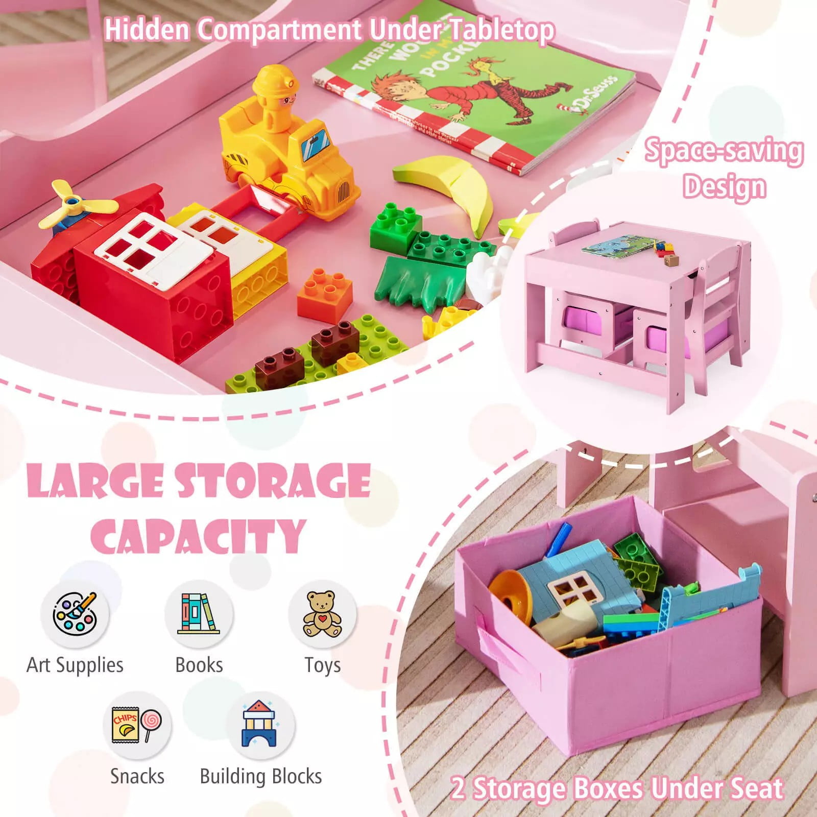 Harmijoy Kids Table and Chair Set, 3 in 1 Toddler Activity Table w/ Reversible Tabletop & Storage Drawers for Drawing, Reading, Crafts, Playing