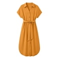 thumbnail image 4 of Purcolt Women's Elegant Button down Belted Midi Dress Summer Casual Rolled Short Sleeve V Neck Business Work Office Shirt Dresses with Pockets, 4 of 9
