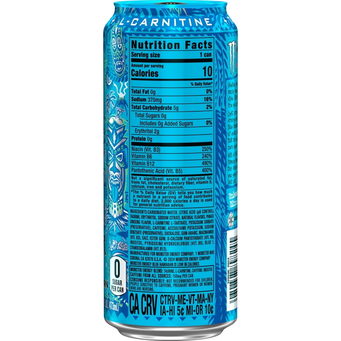 Monster Energy Ultra, Blue Hawaiian, Sugar Free Energy Drink, 16 Fl Oz (4 Pack)