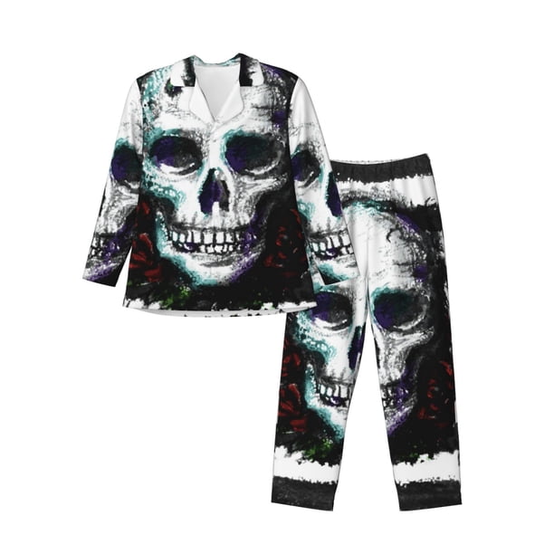 Fotbe Watercolor Skull Pijama de Hombre con Estampado de Manga Larga, Conjunto de 2 Piezas, Ropa de Dormir Suave y Cómoda con Bolsillos-XX-Large