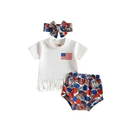 

4th of July Baby Girl Outfits Fringe Tassel Top Tshirt and Shorts Independence Day Clothes Set