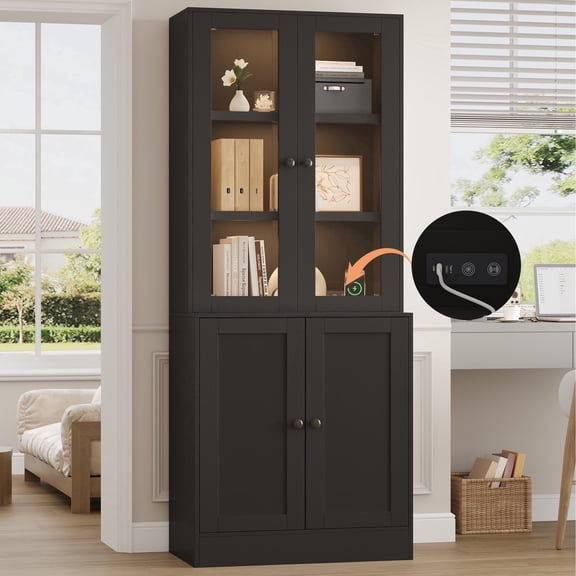 NEGYLIM 71" Bookcase with Glass Door,Display Bookshelves with Charging Station & Adjustable LED Lights,Modern Bookcase for Living Room,Bedroom,Home Office (Black B)