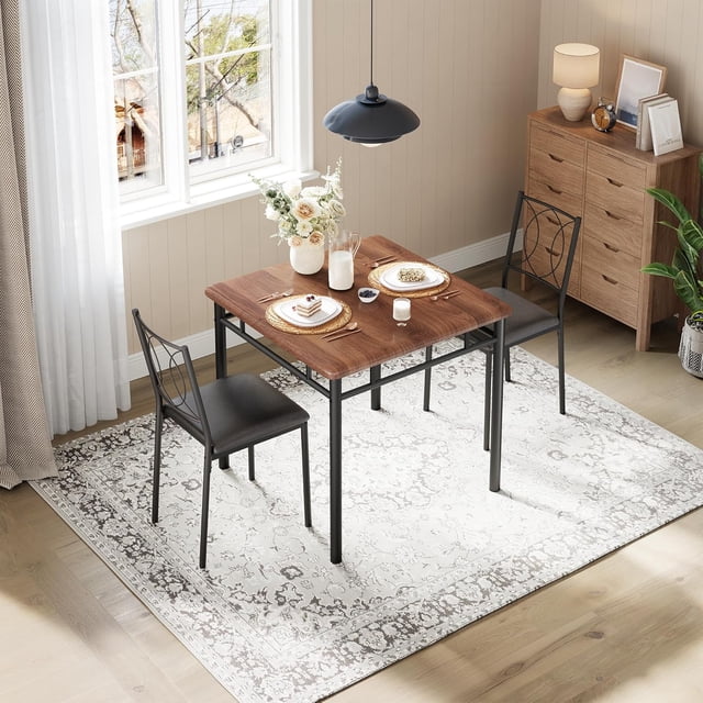 YUSAZENS 3 Piece Dining Set, Metal Frame Table & 2 Chairs, Space Saving Furniture for Kitchen Breakfast Nook Small Space Walnut