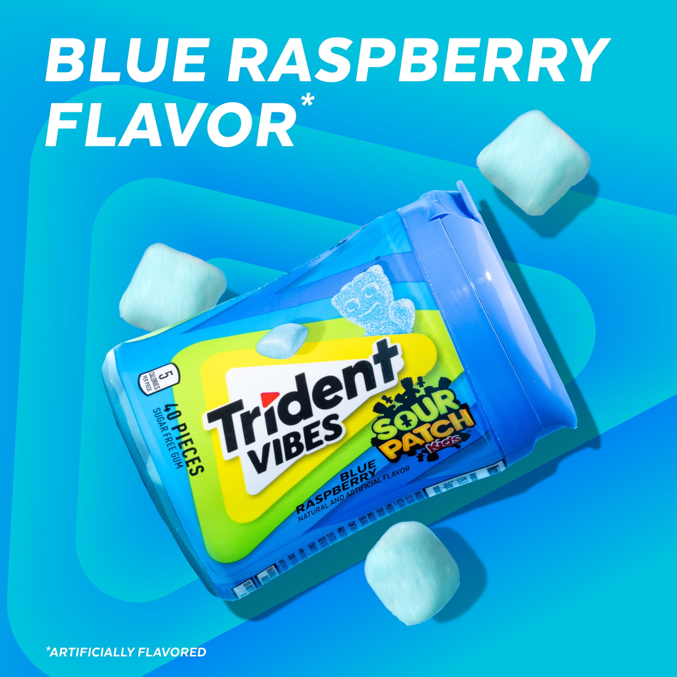 Trident Vibes Sour Patch Kids Sugar Free Gum, Blue Raspberry, Regular Size, 40 Piece Bottle