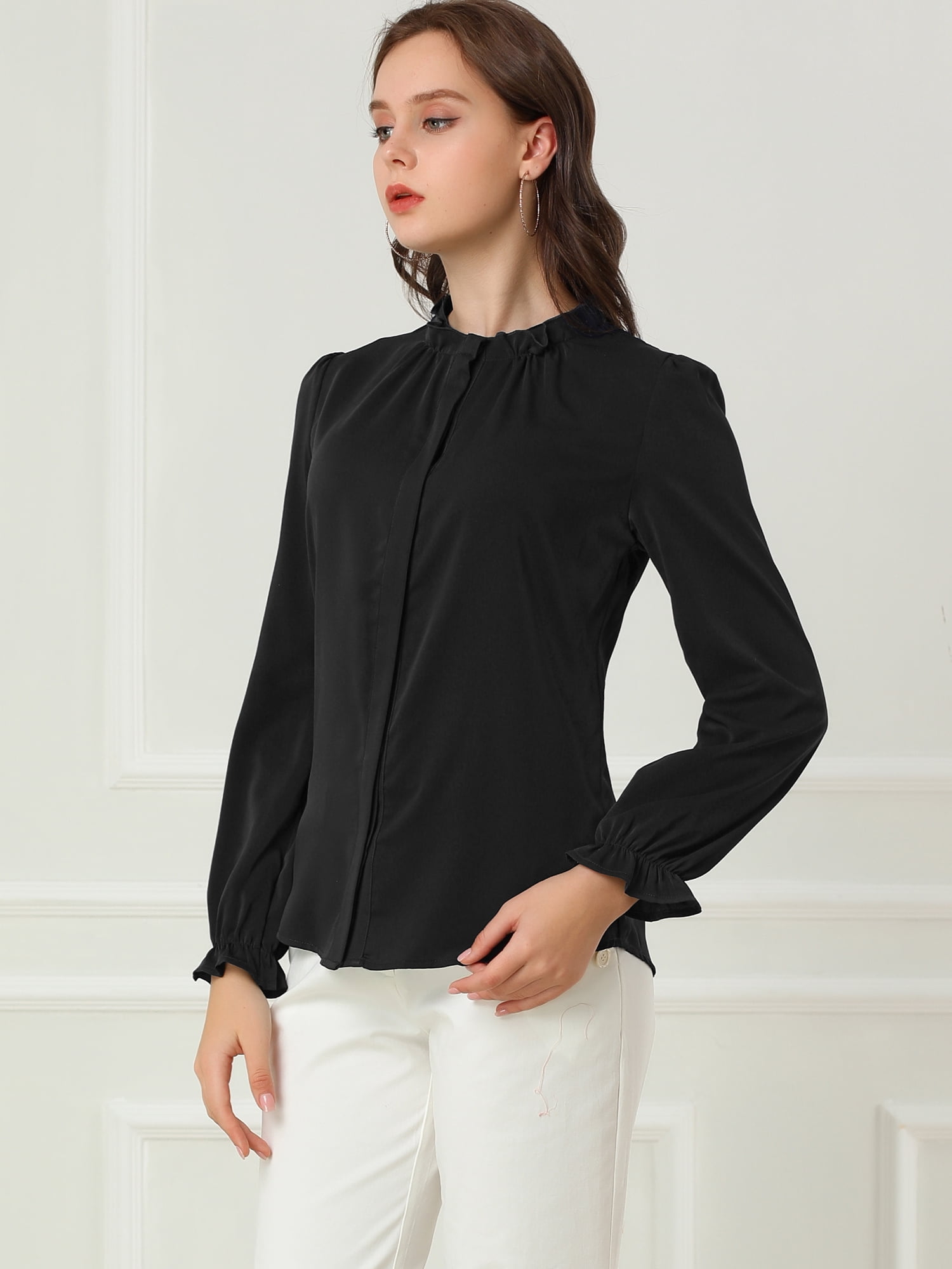 DARING DIVA Women's Chiffon Stand Collar Ruffled Trim Work Blouse S Black