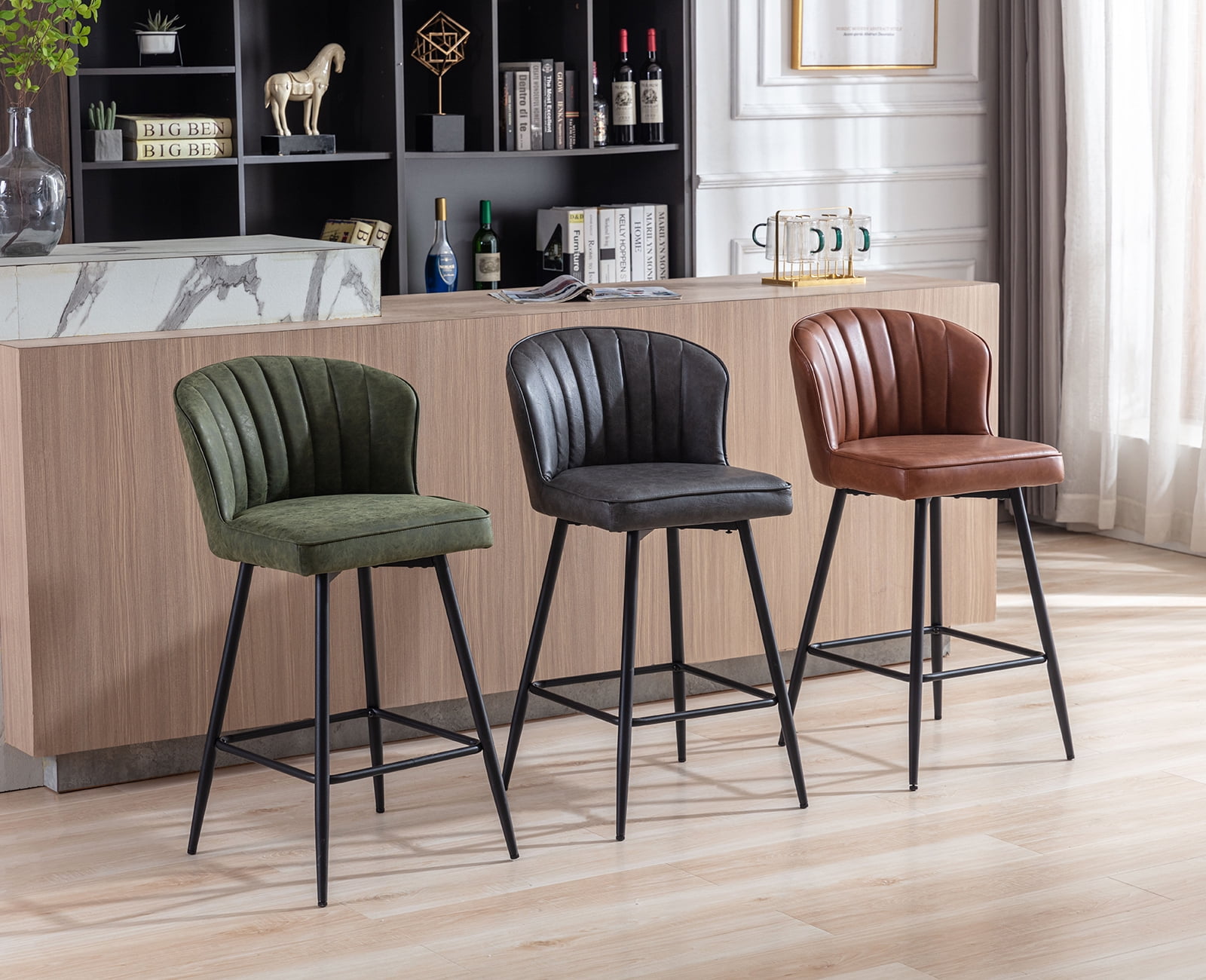 Guyou 26” Counter Height Bar Stools Set of 2, Modern PU Upholstered Kitchen Island Chairs, Barstools with Back and Footrest for Kitchen Island Pub Restaurant, Grey