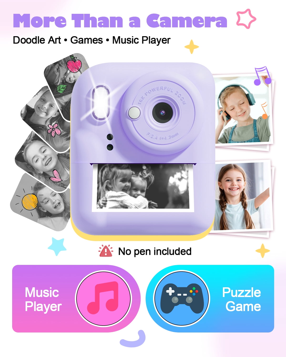 Seckton Instant Print Camera for Girls Boys, Dual-Lens 1080P Kid Digital Camera Birthday Gifts for Girls Age 3-12 Purple