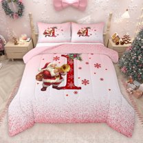 Manfei Red Initial I Letter Full Size Comforter Sets, Kawaii Cartoon Santa Claus Bedding Comforter Set, Merry Christmas Reversible Bedding Sets, Luxury Bedroom Decor, 3 Pieces