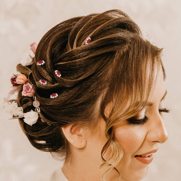 BESTYASH 20Pcs Red Rhinestone Rose Hair Clips Crystal Hairpins for Bridal and Special Occasions