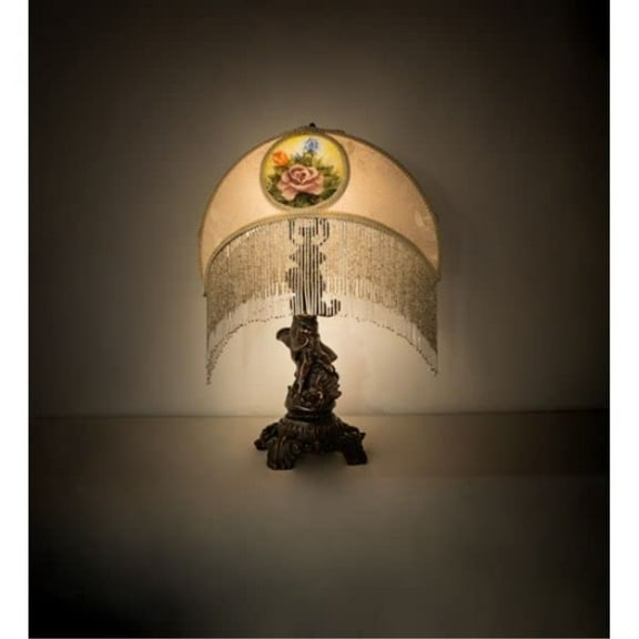 23" High Reverse Painted Roses Fabric with Fringe Table Lamp