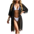 thumbnail image 3 of UVEASISHA Women Swimsuit Coverups with Tie Sheer Midi Length Kimonos Tassel Boho Swimwear Cover Ups 3/4 Sleeve Open Front Cardigans Black S, 3 of 10