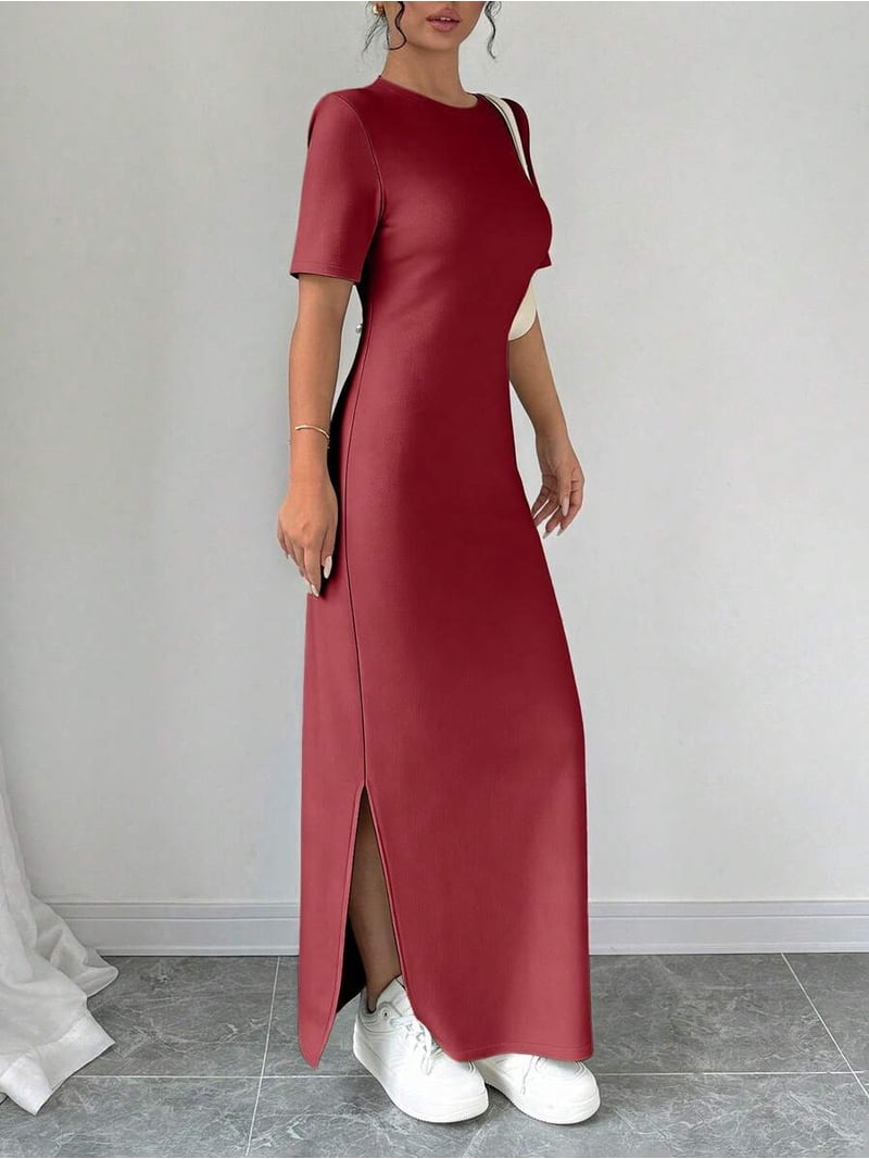 Burgundy Short Sleeve Bodycon Maxi Dress With Side Slit Elegant Long Dress For Women