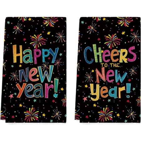 Black Polka Dot Star Fireworks Happy New Year Kitchen Towels Dish Towels 16x24 Inch Farmhouse Holiday Decoration Cleaning Set of 2