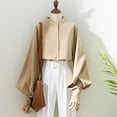 thumbnail image 3 of Women Shirt Stand Collar Lantern Long Sleeve Solid Color Shirt Loose Fit Single Breasted Office Lady Shirt, 3 of 8