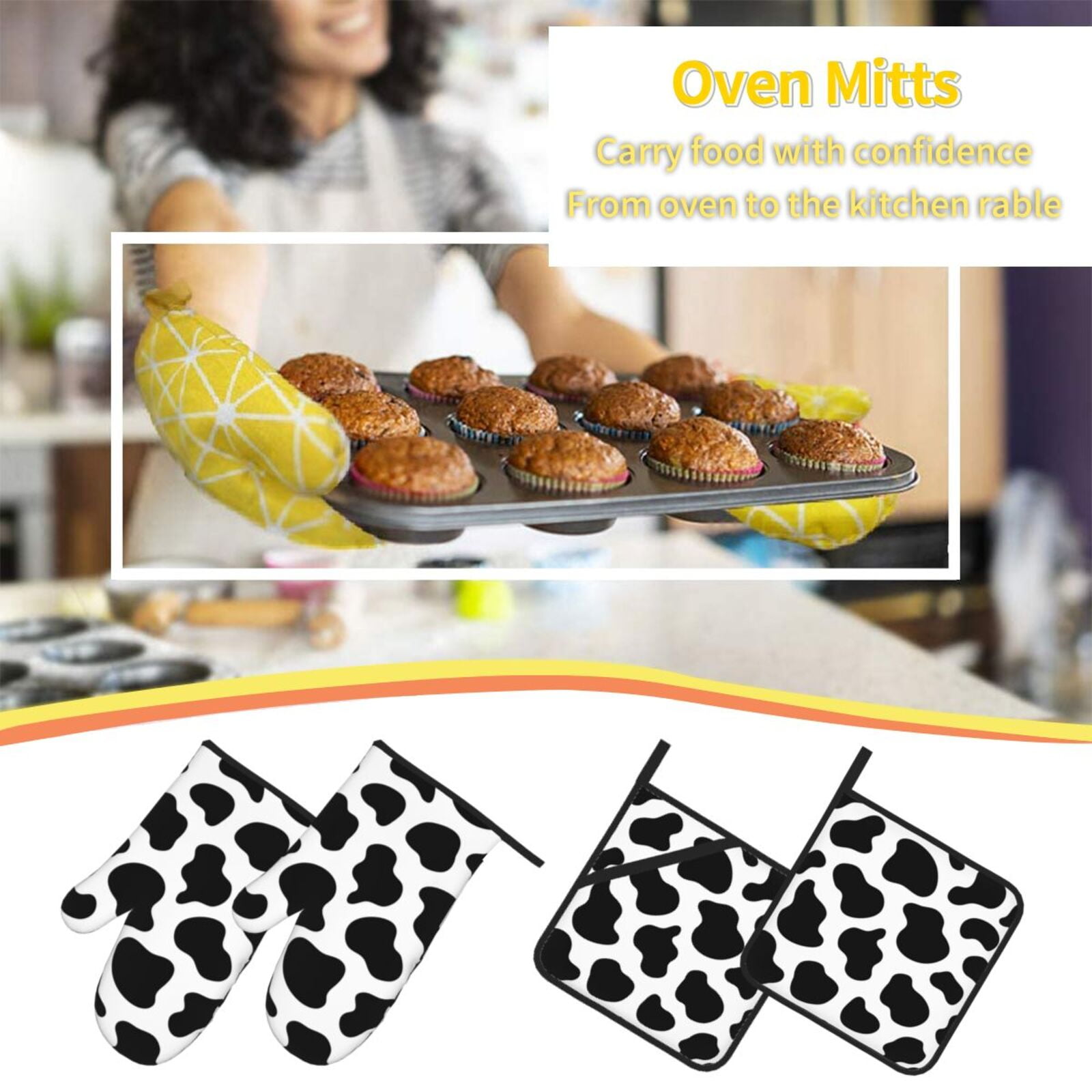 Black And White Cow Skin Print 4Pcs Oven Mitts and Pot Holders Sets Oven Kitchen Gloves Hot Pads for Cooking BBQ Baking Grilling