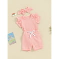 thumbnail image 3 of BABAMOON Newborn Baby Girl Summer Clothes Solid Color Short Sleeve Ruffle Romper with Shorts and Headband Outfits, 3 of 9