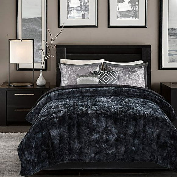 Chanasya Super Soft Fuzzy Faux Fur Queen Bed Blankets - Fluffy Plush Lightweight Cozy Snuggly with Reversible Sherpa for Living Room Bedroom - Dark Fall Winter Home Bedding (Queen) Black Blanket