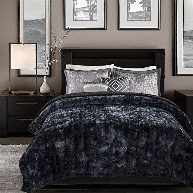 Chanasya Super Soft Fuzzy Faux Fur Queen Bed Blankets - Fluffy Plush Lightweight Cozy Snuggly with Reversible Sherpa for Living Room Bedroom - Dark Fall Winter Home Bedding (Queen) Black Blanket