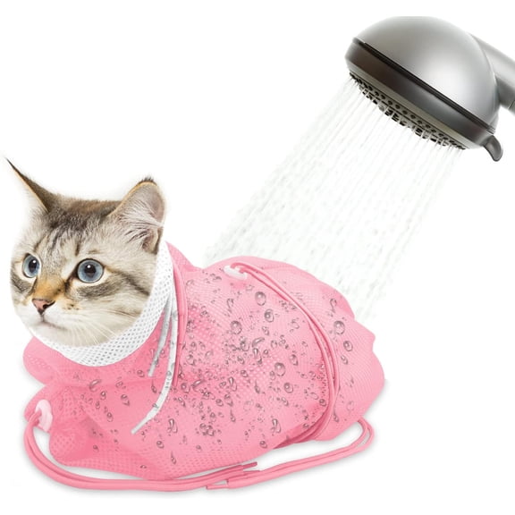 Plutput Cat Bathing Bag, Breathable Cat Grooming Bag, Anti Scratch Adjustable Cats Shower Washing Bag with Mesh for Nail Trimming