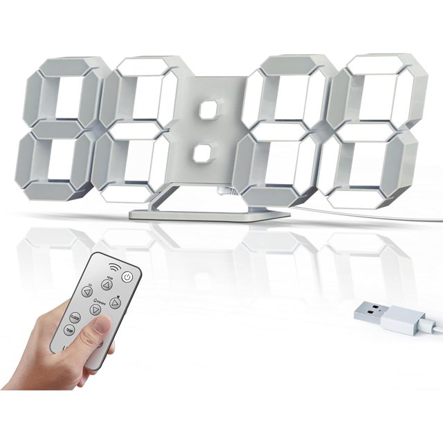 Reloj de pared LED digital Relojes de escritorio modernos 3D con grandes números de luz blanca, alarma, control remoto, sala de estar y oficina en casa para niños y adolescentes