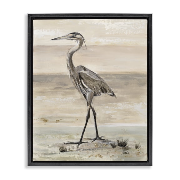 Stupell Industries Traditional Crane Bird Beach Shore Black Floating Frame Canvas Art, 25 x 31, by Patricia Pinto