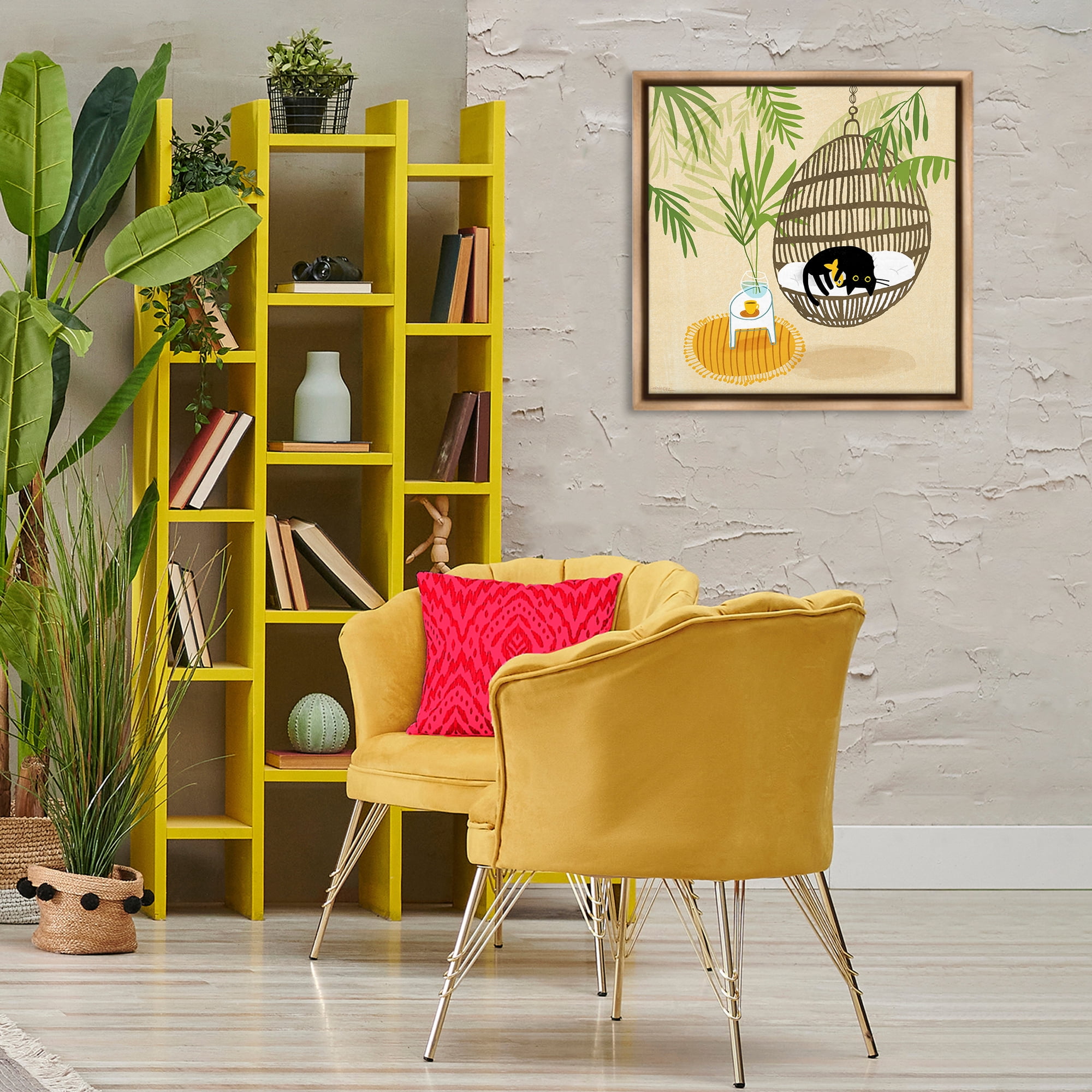 Stupell Industries Sleepy Cats on Porch Swing Animals Painting Brown Floater Framed Canvas Art Print Wall Art, 25 x 25