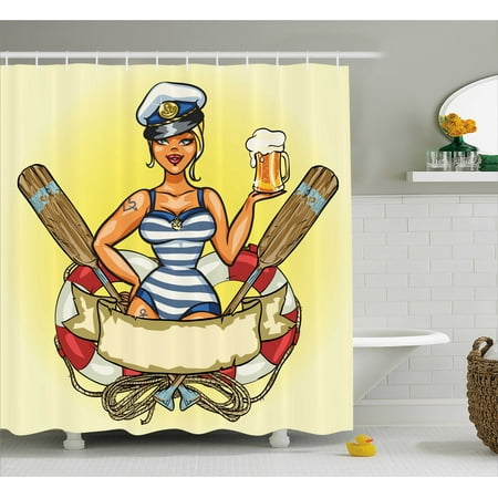 Y Decor Shower Curtain Pin Up Sailor In Lifebuoy With Y Decor Shower Curtain Pin Up Sailor In Lifebuoy With Captain Hat Gl Of
