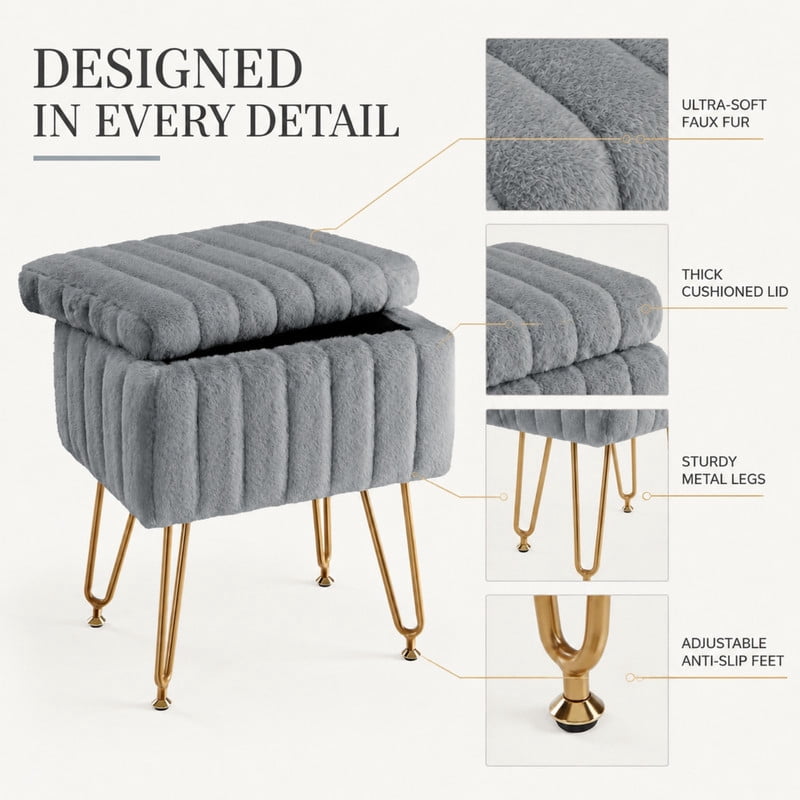 BEAUTYPEAK Vanity Stool with Storage Faux Fur Padded Makeup Ottoman with Gold Metal Legs and Adjustable Feet 18.9" Footstool, Gray