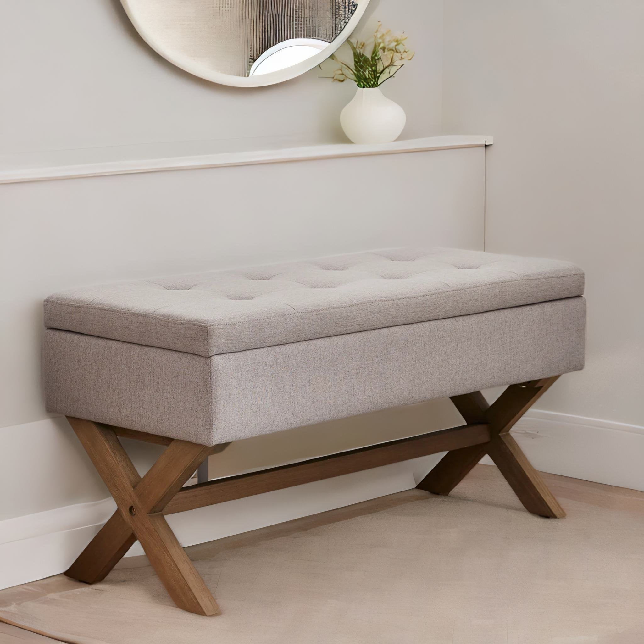 White Shoe Bench with Mirror and Cushion - Modern Entryway Organizer - 35.4W