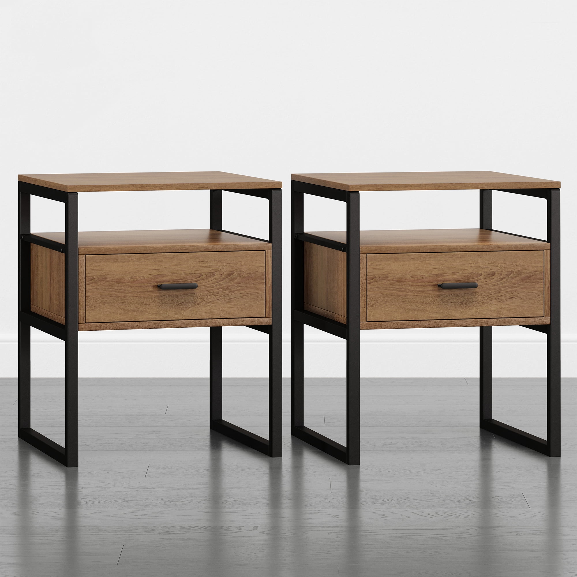 Spruce & Spring Industrial Nightstands Set of 2, End Tables with Metal Frame Base for Bedroom, Walnut