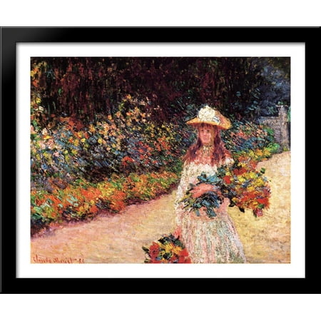 Young Girl in the Garden at Giverny 34x28 Large Black Wood Framed Print Art by Claude Monet