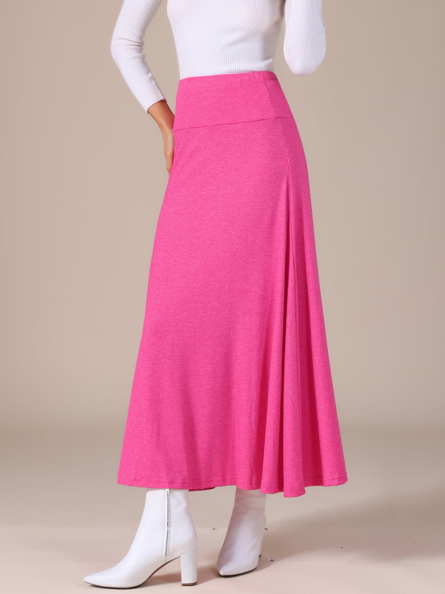 DARING DIVA Women's Foldable High Waist Flowy Flare Maxi Skirts L Rose Red